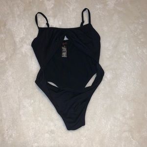 Cutout stretch underboob thong bodysuit black rave